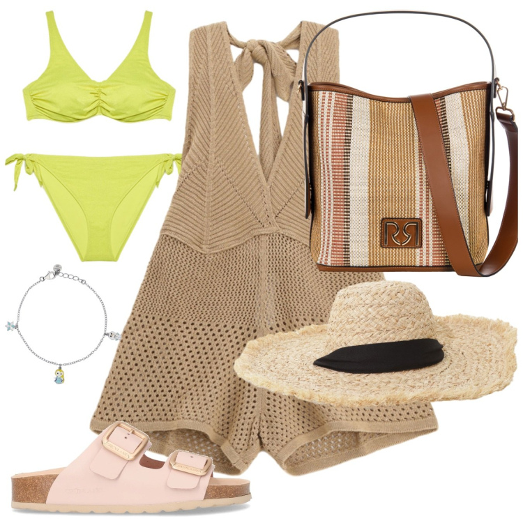 Outfit donna - Tuta al mare. Stile Boho per Mare. Abbinamento con braccialetti con ciondoli, borse a secchiello, cappelli, tute, bikini, ciabatte.