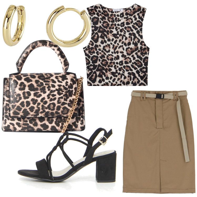 Outfit donna - Total look #2203422. Stile Casual chic per Tutti i giorni. Abbinamento con top, borse a tracolla, orecchini, gonne, sandali col tacco.