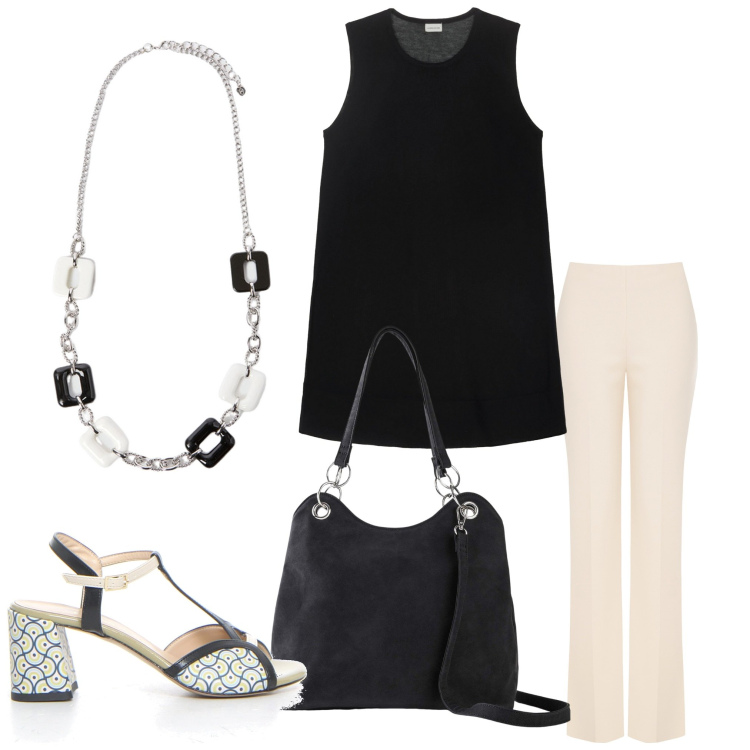 Outfit donna - Domani. Stile Chic per Ufficio. Abbinamento con borse a mano, pantaloni a palazzo, bluse, sandali col tacco, collane.