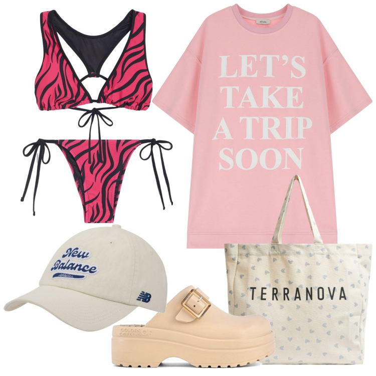 Outfit donna - Costumi colorati. Stile Casual per Mare. Abbinamento con shopping bag, cappelli con visiera, bikini, bikini, vestiti corti, sandali.