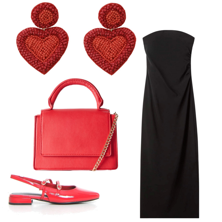 Outfit donna - Romantica. Stile Chic per Serata fuori. Abbinamento con borse a tracolla, vestiti lunghi, orecchini, sandali in pelle.