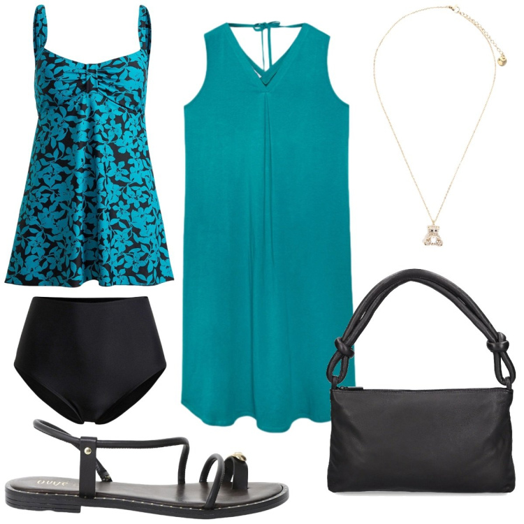 Outfit donna - Total look #2203432. Stile Trendy per Mare. Abbinamento con costumi interi, ciondoli, sandali, vestiti midi/longuette, borse a spalla.