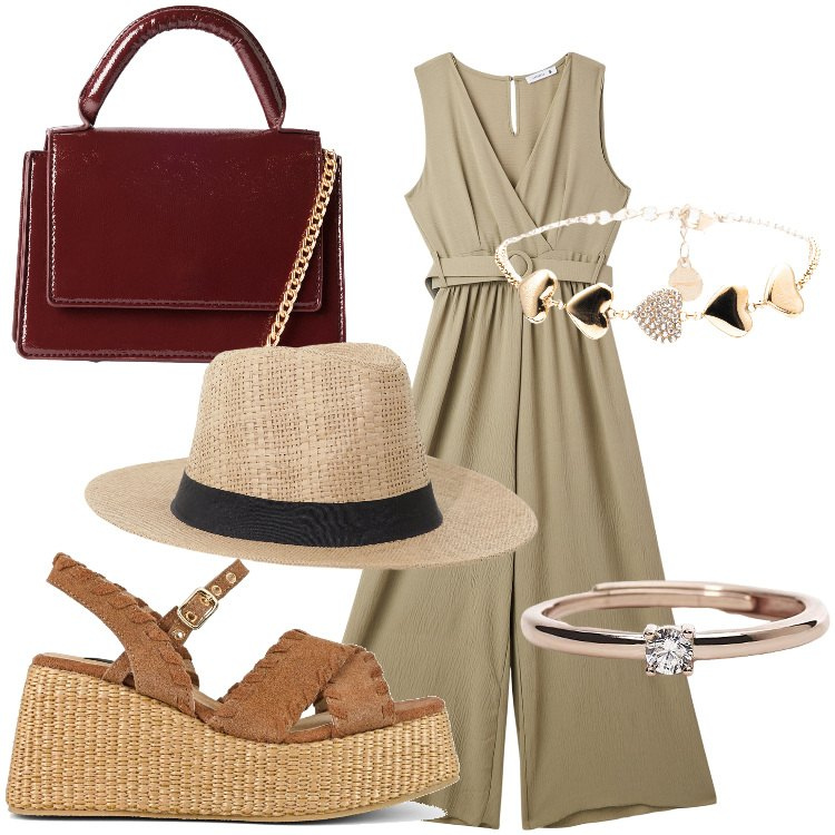 Outfit donna - Jumpchic. Stile Glamour Abbinamento con tute, borse a tracolla, anelli, cappelli, braccialetti, zeppe.