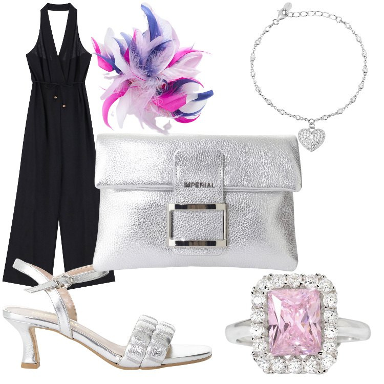 Outfit donna - Serata brillante. Stile Glamour Abbinamento con braccialetti, anelli, sandali col tacco, pochette, tute, accessori per capelli.