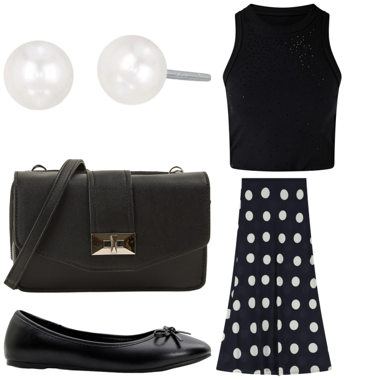 Outfit donna - I miei amati pois. Stile Bon Ton per Serata fuori. Abbinamento con ballerine, borse a tracolla, orecchini, top, gonne lunghe.