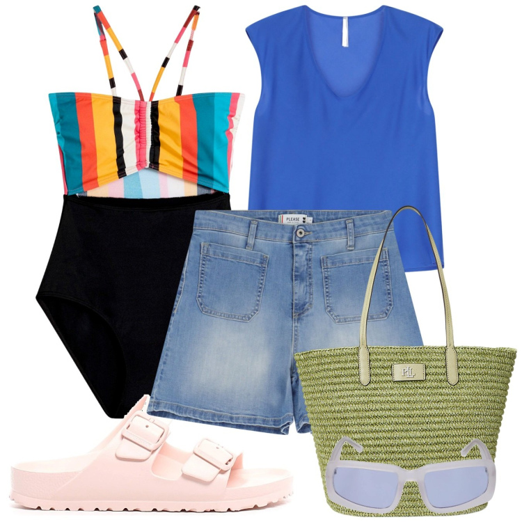 Outfit donna - Costume coloratissimo. Stile Casual per Mare. Abbinamento con costumi interi, shorts, top, borse tote, occhiali da sole, ciabatte.