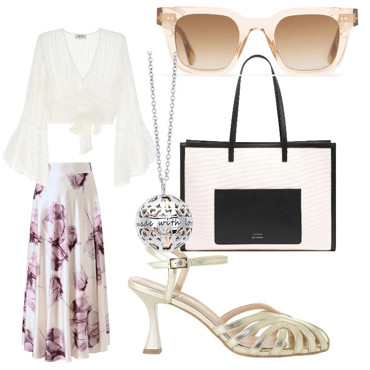 Outfit donna - Romantica ed elegante. Stile Romantica Abbinamento con collane, gonne lunghe, top, sandali col tacco, occhiali da sole, borse tote.
