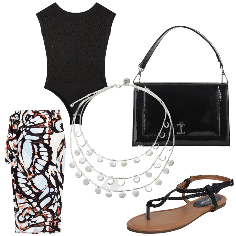 Outfit donna - In giro. Stile Boho per Serata fuori. Abbinamento con body, ciabatte, gonne longuette, borse a tracolla, ciondoli.