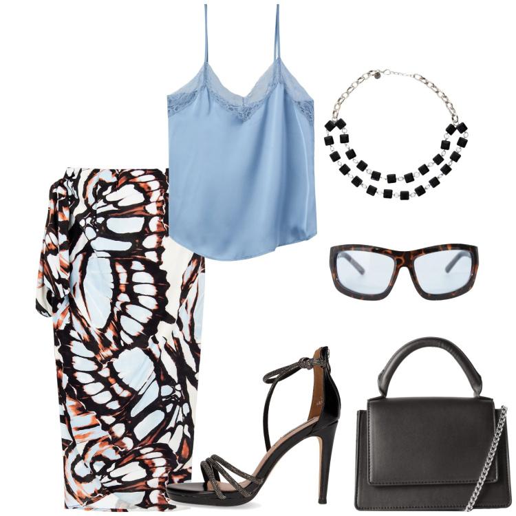 Outfit donna - Total look #2203446. Stile Romantica per Serata fuori. look ideale per Tall. Abbinamento con borse a tracolla, top, gonne longuette, occhiali da sole, collane, sandali in pelle.