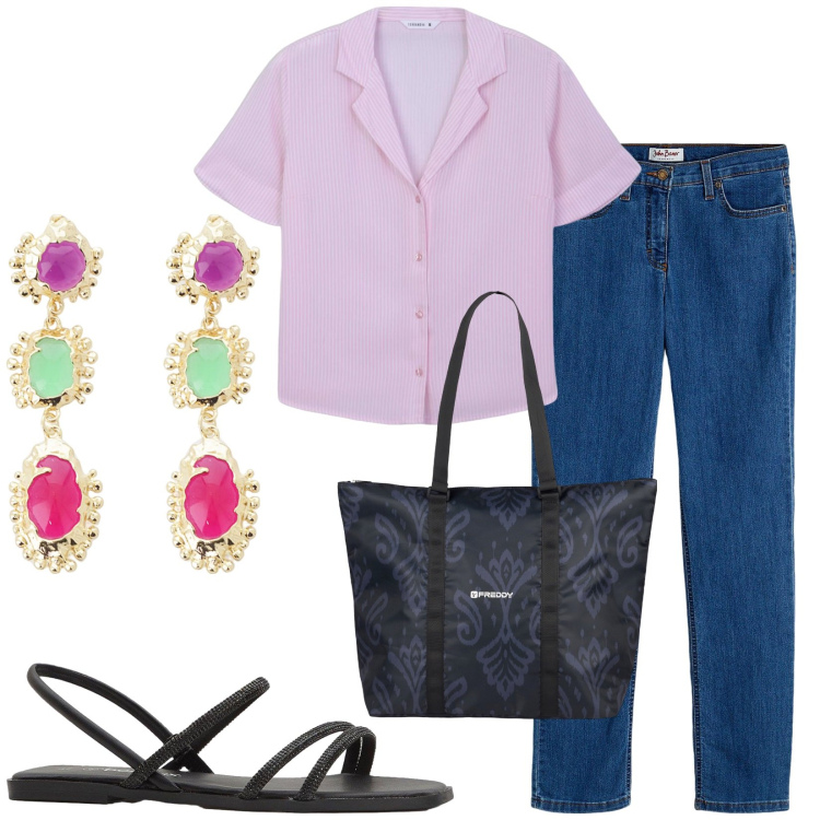 Outfit donna - Total look #2203450. Stile Casual per Tutti i giorni. Abbinamento con jeans dritti, sandali, camicie a manica corta, shopping bag, orecchini.