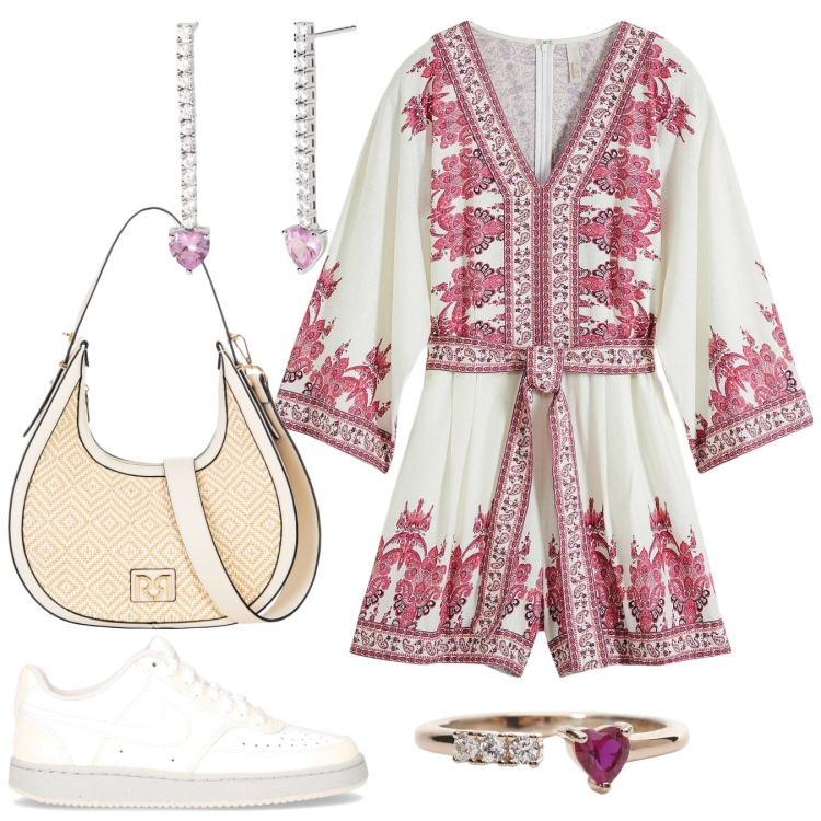 Outfit donna - P.C.C. (pratica, comoda, chic). Stile Boho per Tutti i giorni. Abbinamento con tute, borse a mano, anelli, orecchini, sneakers.