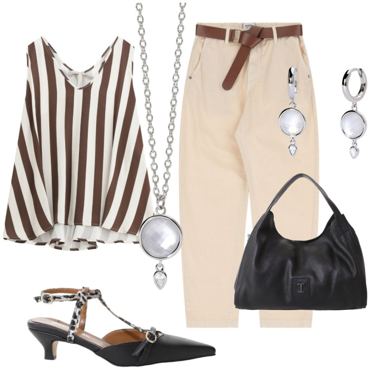 Outfit donna - In ufficio. Stile Casual chic per Ufficio. Abbinamento con orecchini, collane, pantaloni chino, top, décolleté, pochette.