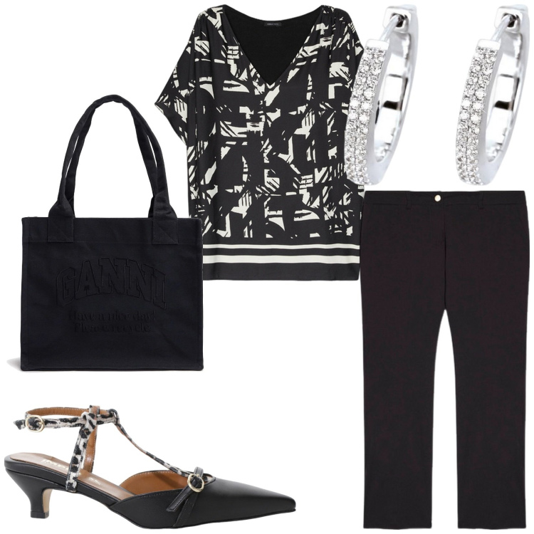 Outfit donna - Total look #2203458. Stile Bon Ton per Tutti i giorni. Abbinamento con orecchini, décolleté, bluse, pantaloni, shopping bag.
