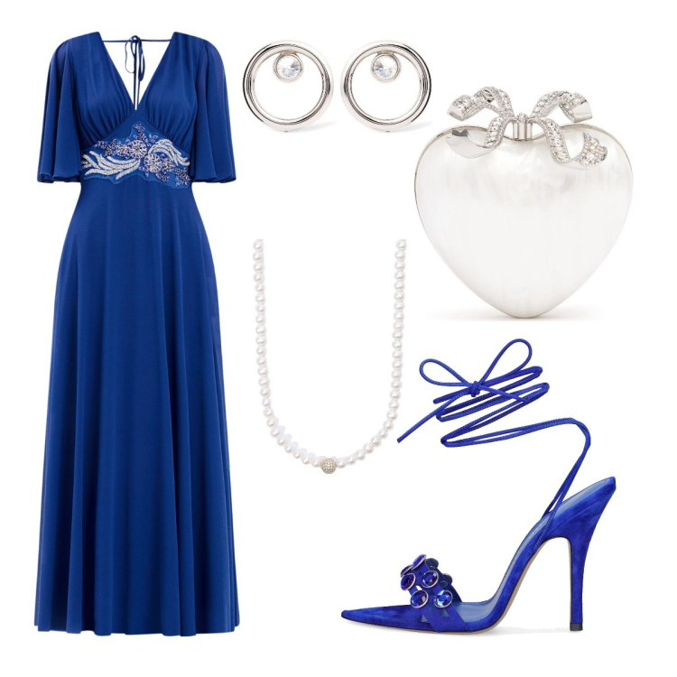 Outfit donna - Blu royal per la testimone. Stile Chic per Cerimonia. Abbinamento con collane, vestiti lunghi, sandali in pelle, orecchini, pochette.