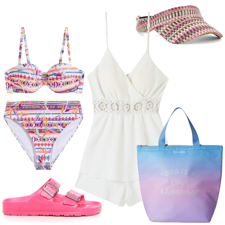 Outfit donna - Jumpsuit - giornata al mare. Stile Boho per Mare. Abbinamento con bikini, bikini, tuta corta, borse tote, cappelli con visiera, ciabatte.