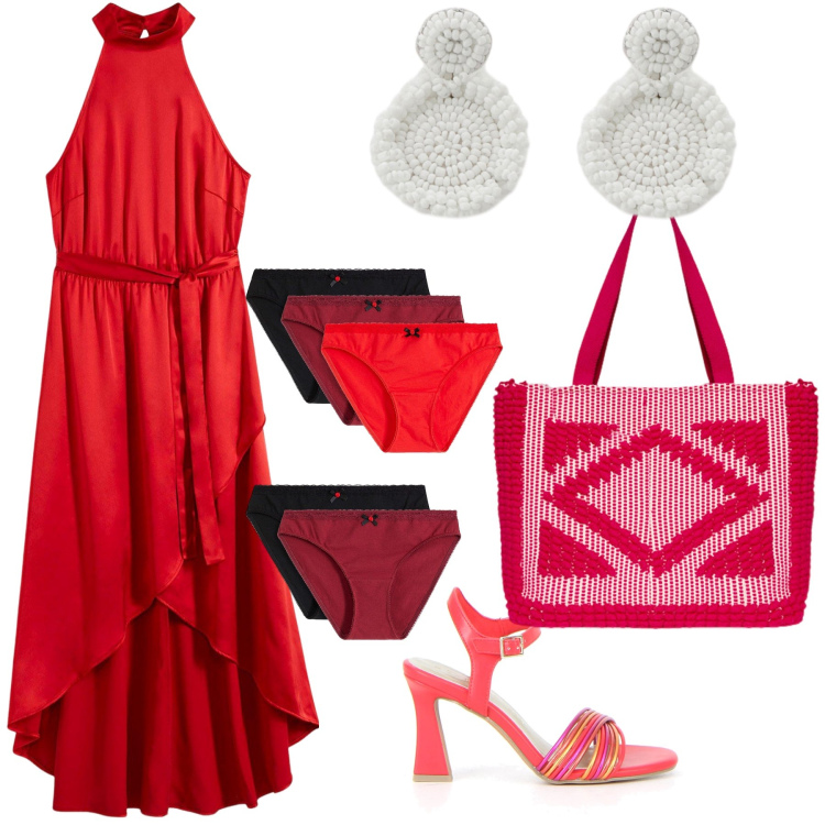 Outfit donna - Saldi in rosso. Stile Trendy per Serata fuori. Abbinamento con vestiti, culotte, orecchini, sandali col tacco, borse a mano.