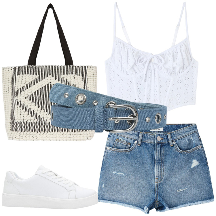 Outfit donna - Total look #2203466. Stile Casual per Mare. Abbinamento con sneakers, shorts, top, cinture, shopping bag.