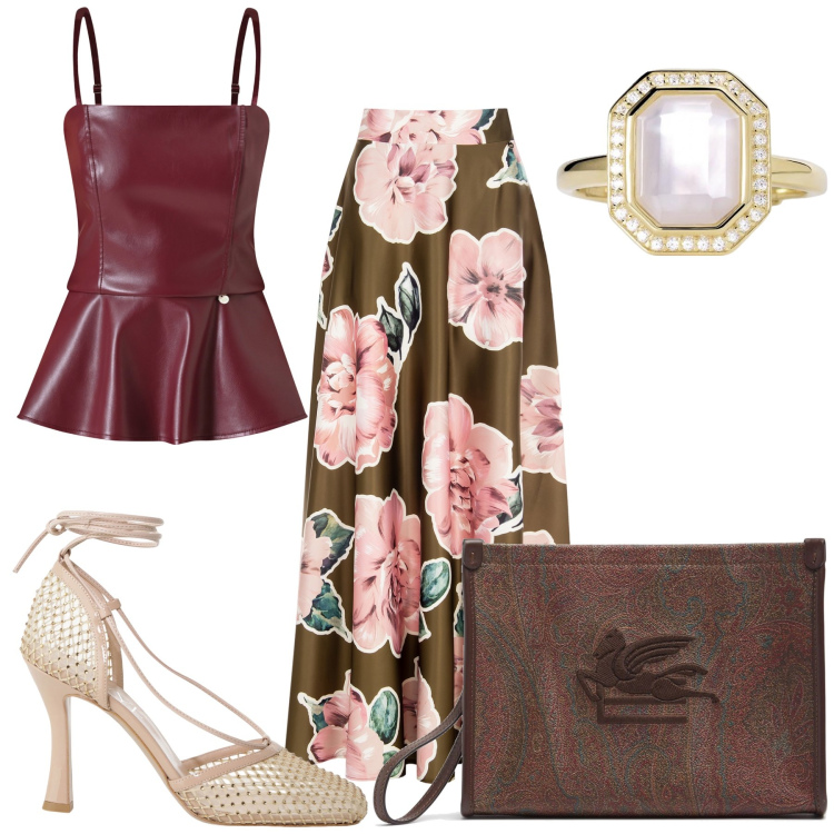 Outfit donna - A cena col mio amore. Stile Glamour per Serata fuori. Abbinamento con anelli, top, gonne, décolleté, clutch.