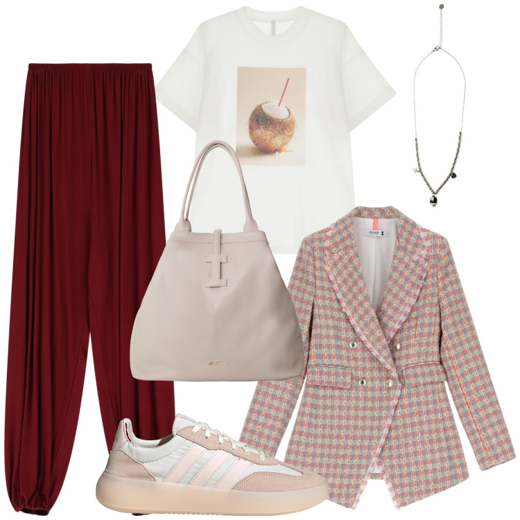 Outfit donna - Total look #2203476. Stile Casual chic per Tutti i giorni. Abbinamento con blazer, t-shirt, borse tote, ciondoli, tute, sneakers.