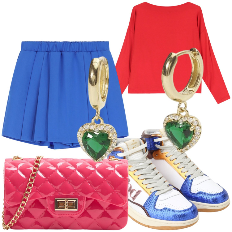 Outfit donna - W i colori. Stile Trendy per Tutti i giorni. Abbinamento con borse a tracolla, orecchini, gonne, sneakers alte, maglieria.