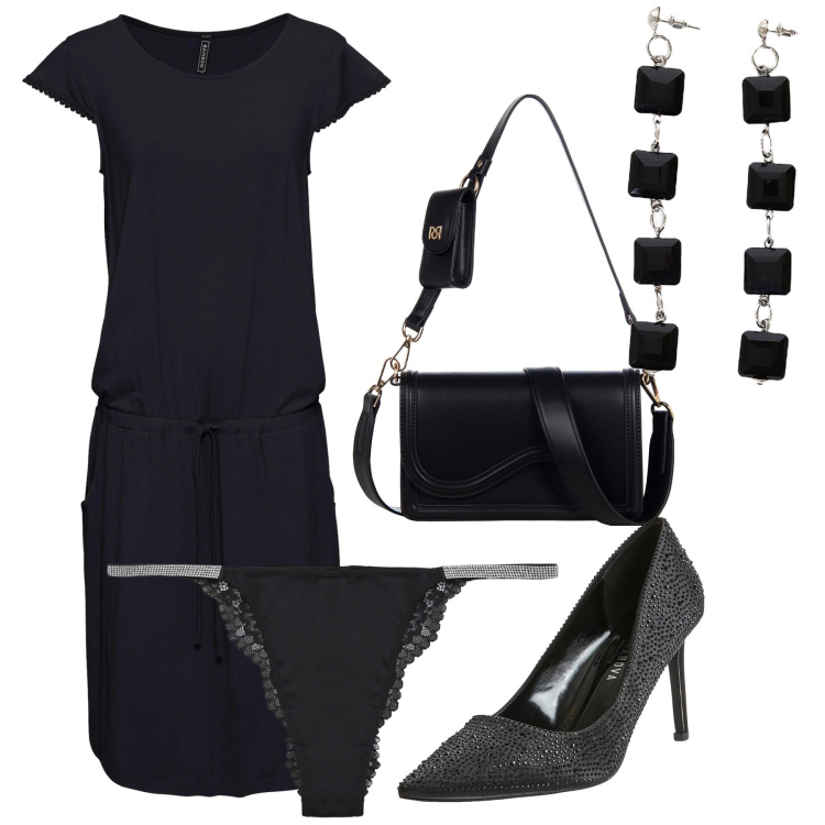 Outfit donna - Black is black. Stile Chic per Serata fuori. Abbinamento con vestiti midi/longuette, décolleté, culotte, pochette, orecchini.