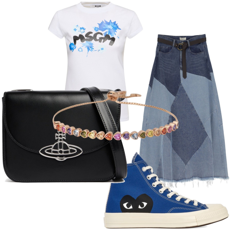 Outfit donna - Semplicemente originale. Stile Trendy per Tutti i giorni. Abbinamento con braccialetti, gonne longuette, borse a spalla, sneakers, t-shirt.