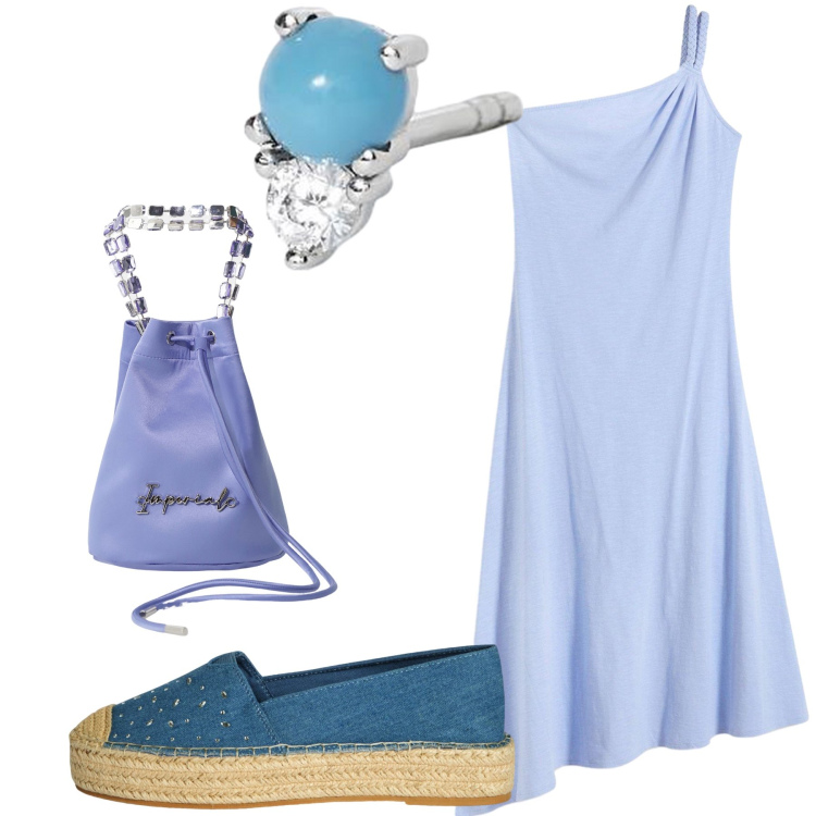 Outfit donna - Tutte le sfumature del blu. Stile Trendy per Tutti i giorni. Abbinamento con vestiti asimmetrici, espadrillas, orecchini, borse a secchiello.