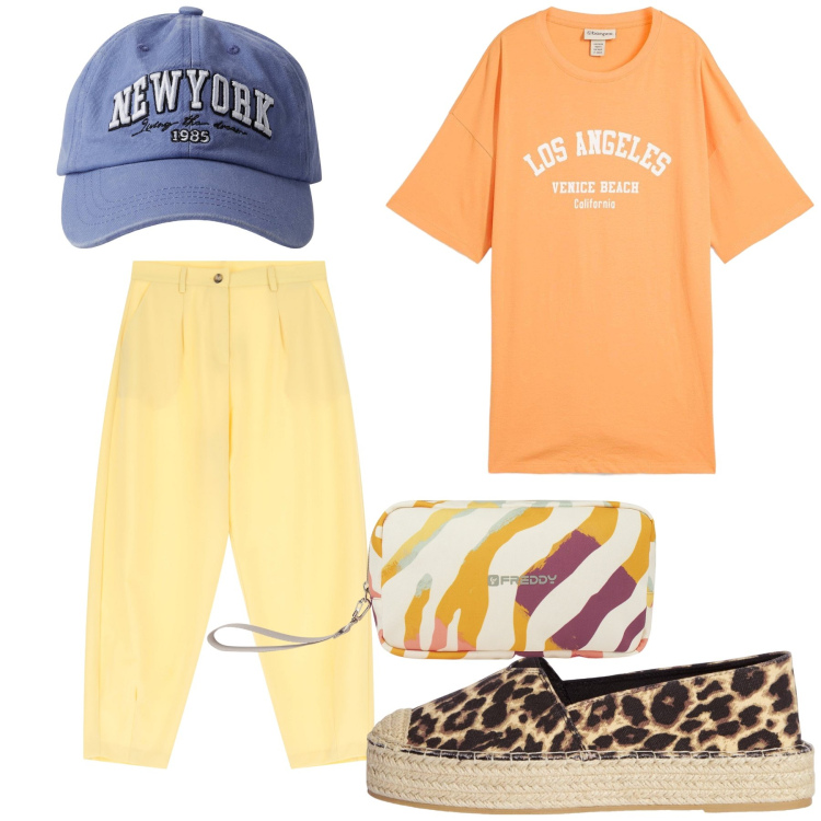 Outfit donna - In viaggio. Stile Casual per Tutti i giorni. Abbinamento con t-shirt, cappelli, espadrillas, valigie, pantaloni.