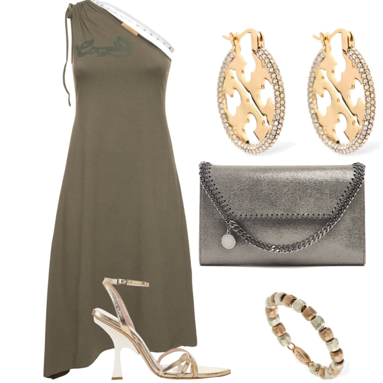Outfit donna - Serata di luglio. Stile Glamour per Serata fuori. Abbinamento con sandali col tacco, anelli, orecchini, vestiti asimmetrici, pochette.