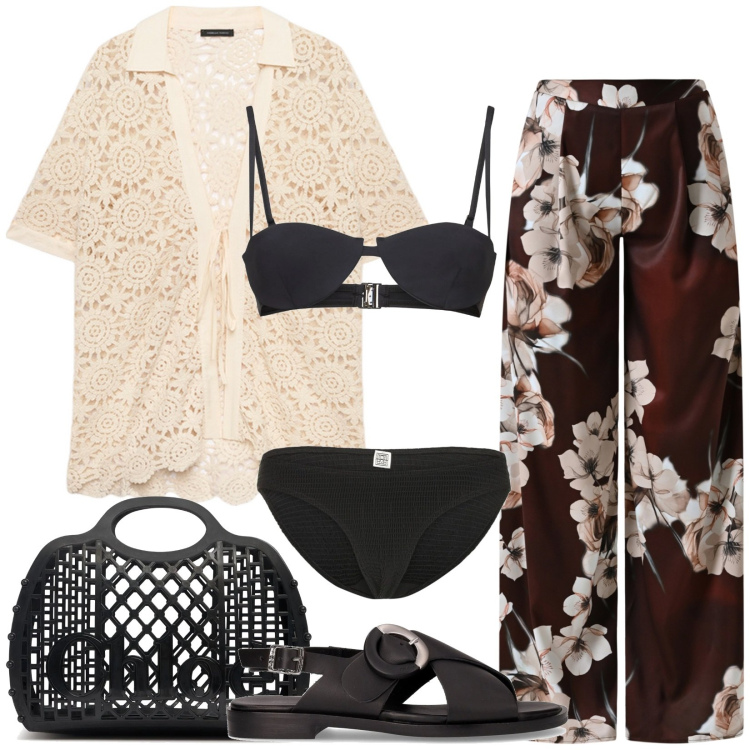 Outfit donna - Total look #2203493. Stile Casual chic per Mare. Abbinamento con pantaloni a palazzo, camicie a manica corta, bikini, sandali, borse a mano, bikini.