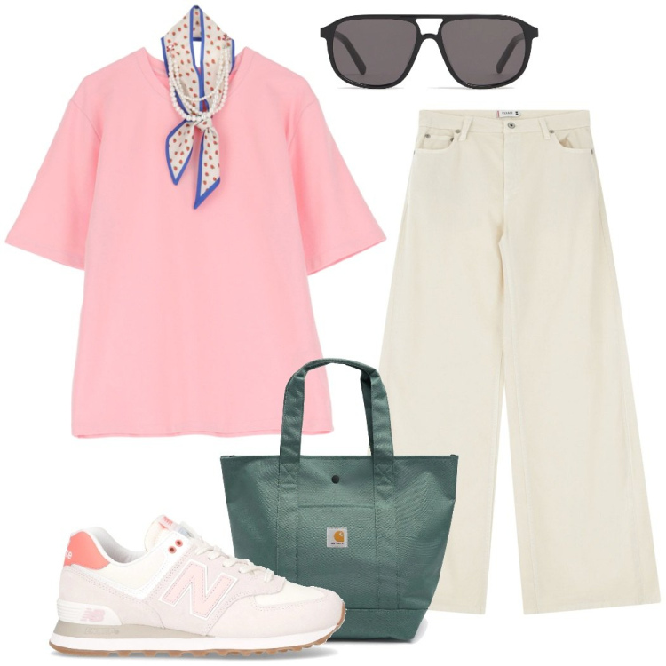 Outfit donna - Luglio in città. Stile Casual chic per Tutti i giorni. Abbinamento con pantaloni, t-shirt, sneakers, occhiali da sole, borse tote.