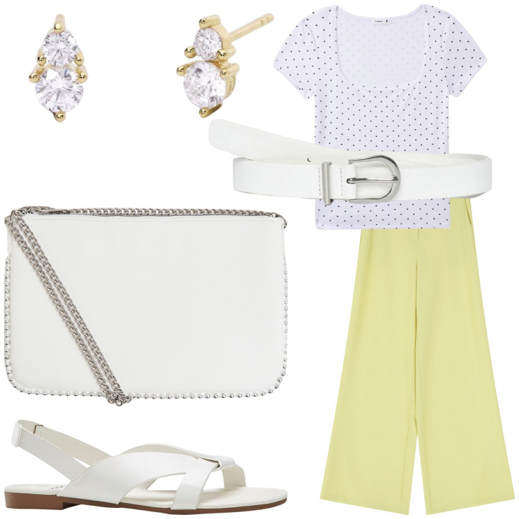 Outfit donna - Total look #2203498. Stile Basic per Tutti i giorni. Abbinamento con sandali, t-shirt, borse a tracolla, cinture, orecchini, pantaloni a palazzo.