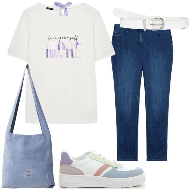 Outfit donna - In città. Stile Basic per Tutti i giorni. Abbinamento con cinture, borse a tracolla, t-shirt, jeans skinny, sneakers.