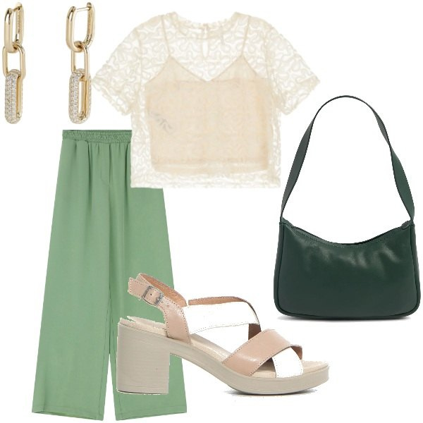 Outfit donna - Le serate di Luglio. Stile Casual chic per Tutti i giorni. Abbinamento con orecchini, pantaloni a palazzo, bluse, borse a spalla, sandali col tacco.