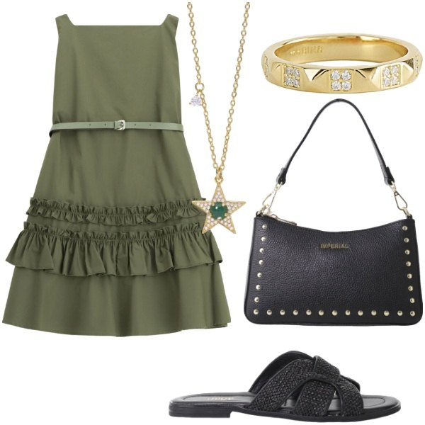 Outfit donna - Le serate di Luglio. Stile Casual chic per Tutti i giorni. Abbinamento con anelli, collane, vestiti corti, borse a spalla, sandali.