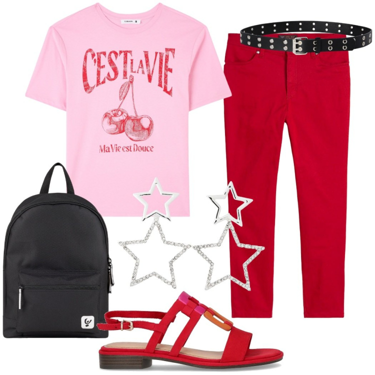 Outfit donna - Casual rosso ciliegia. Stile Urban per Tutti i giorni. Abbinamento con pantaloni, orecchini, cinture, t-shirt, zaini, sandali.