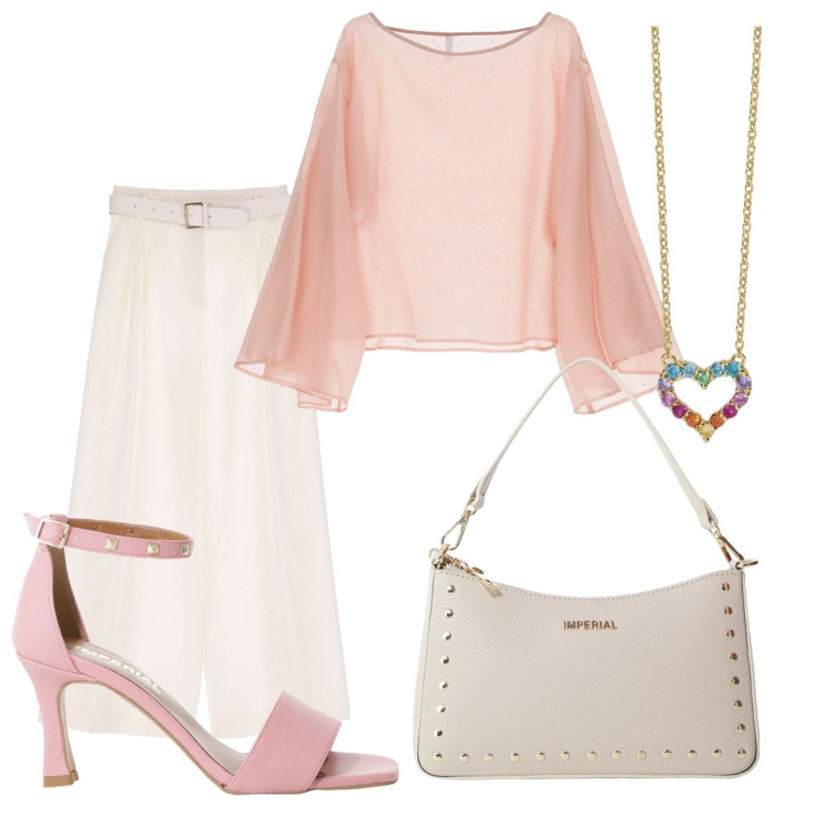 Outfit donna - Imperial Summer Sale. Stile Casual chic per Serata fuori. Abbinamento con collane, bluse, sandali col tacco, pantaloni a palazzo, borse a spalla.