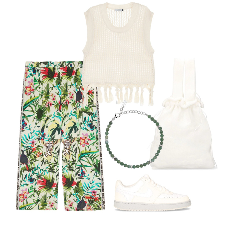 Outfit donna - Fiori tropicali. Stile Trendy per Tutti i giorni. Abbinamento con braccialetti, maglieria, pantaloni, borse a mano, sneakers.