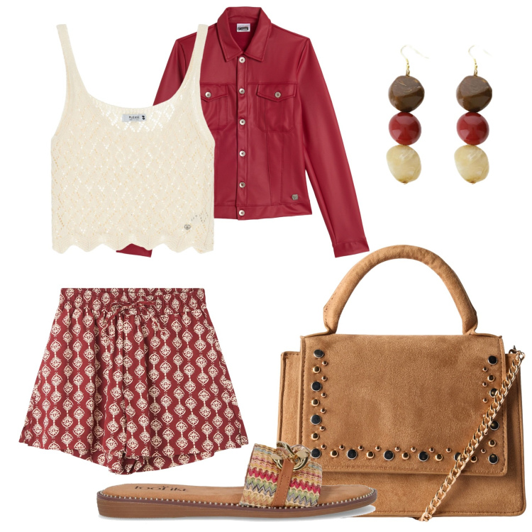 Outfit donna - Visit Türkiye. Stile Casual per Tutti i giorni. Abbinamento con borse a tracolla, shorts, top, giacche, orecchini, ciabatte.