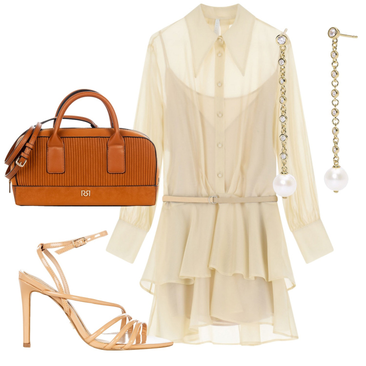 Outfit donna - Molto raffinata. Stile Bon Ton per Serata fuori. Abbinamento con borse a mano, sandali col tacco, orecchini, vestiti corti.