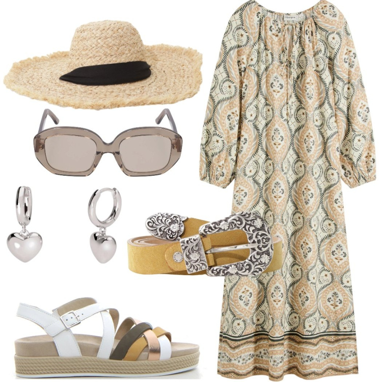 Outfit donna - Vita in campagna. Stile Casual chic per Tutti i giorni. Abbinamento con caftani, orecchini, cappelli, cinture, sandali, occhiali da sole.