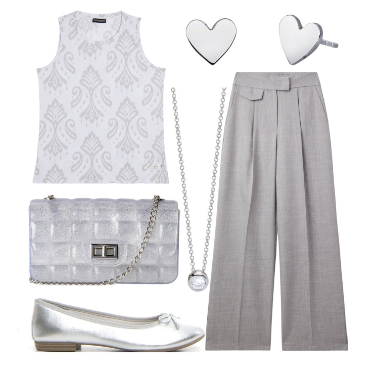 Outfit donna - Grigio e argento. Stile Bon Ton per Tutti i giorni. Abbinamento con pantaloni, borse a tracolla, collane, orecchini, canottiere, ballerine.