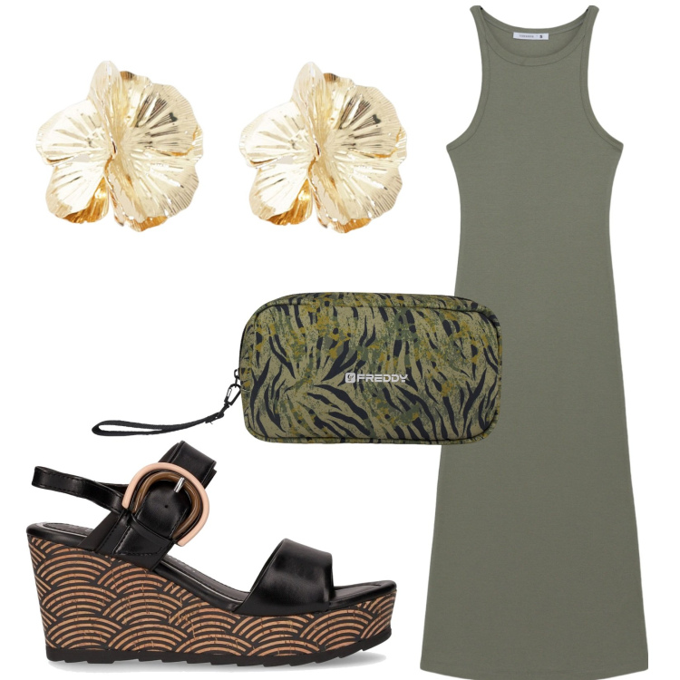 Outfit donna - Total look #2203544. Stile Basic per Tutti i giorni. Abbinamento con vestiti lunghi, valigie, orecchini, sandali col tacco.
