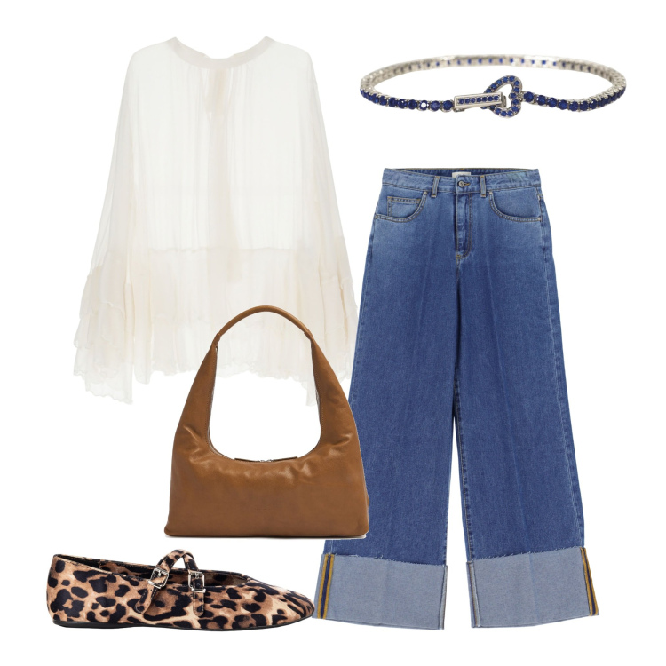 Outfit donna - Semplice giornata. Stile Vintage retrò per Tutti i giorni. Abbinamento con braccialetti, ballerine, camicie, jeans, borse a spalla.