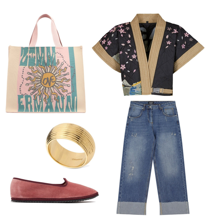 Outfit donna - Sulle mie. Stile Casual chic per Tutti i giorni. Abbinamento con jeans dritti, kimono, mocassini, shopping bag, anelli.