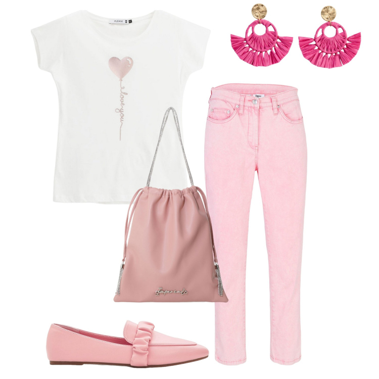 Outfit donna - Di pomeriggio. Stile Trendy per Tutti i giorni. Abbinamento con pantaloni, mocassini, orecchini, t-shirt, borse a secchiello.