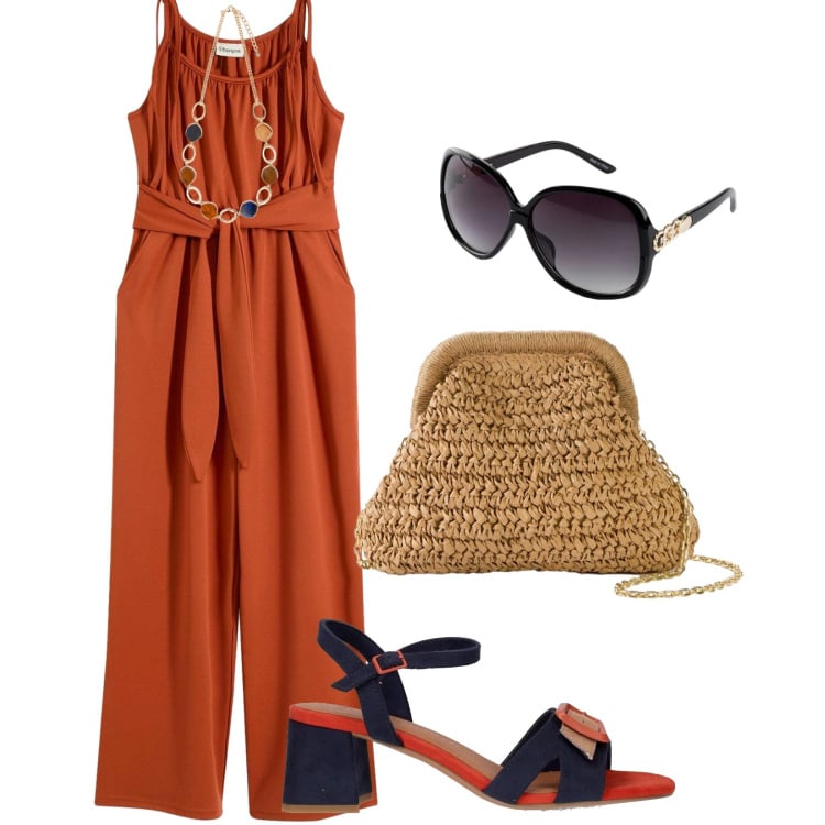 Outfit donna - Total look #2203559. Stile Casual chic per Tutti i giorni. Abbinamento con tute, occhiali da sole, borse a tracolla, collane, sandali col tacco.