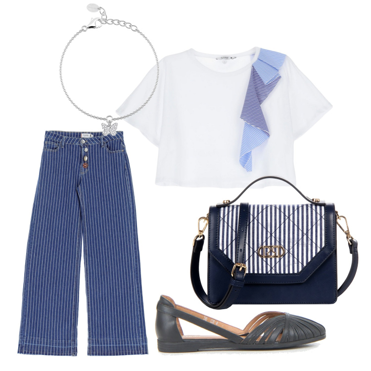 Outfit donna - Di pomeriggio 2. Stile Vintage retrò per Tutti i giorni. Abbinamento con braccialetti con ciondoli, borse a mano, t-shirt, jeans, ballerine.