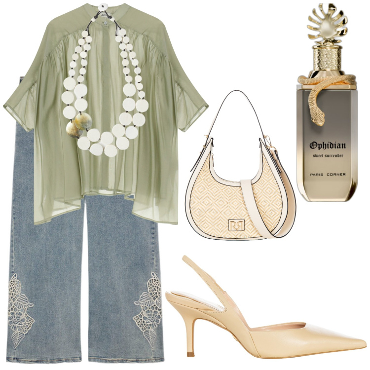 Outfit donna - Ufficio. Stile Casual per Ufficio. Abbinamento con profumi, borse a mano, décolleté, camicie, jeans, ciondoli.