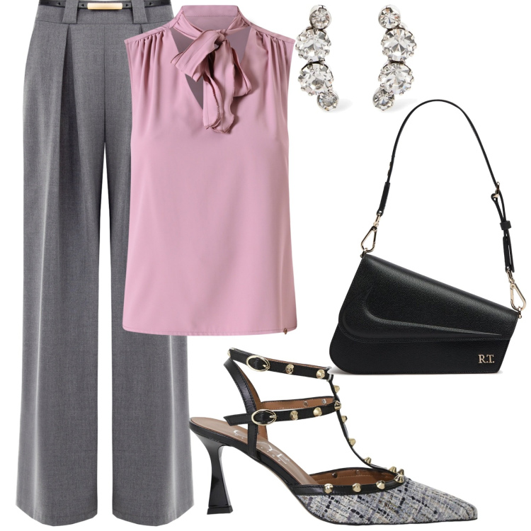Outfit donna - Ufficio. Stile Glamour per Ufficio. Abbinamento con top, pantaloni a palazzo, décolleté, orecchini, borse a spalla.